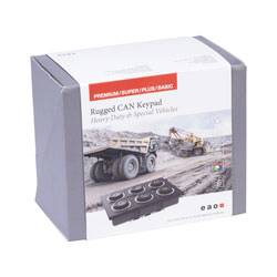 'Robustes CAN-Tastenfeld' Verpackung für Nutzfahrzeuge und Spezialfahrzeuge mit einem Bild von Baumaschinen im Einsatz.