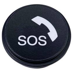 Ein schwarzer Knopf mit einem weißen Telefonsymbol und der Aufschrift „SOS