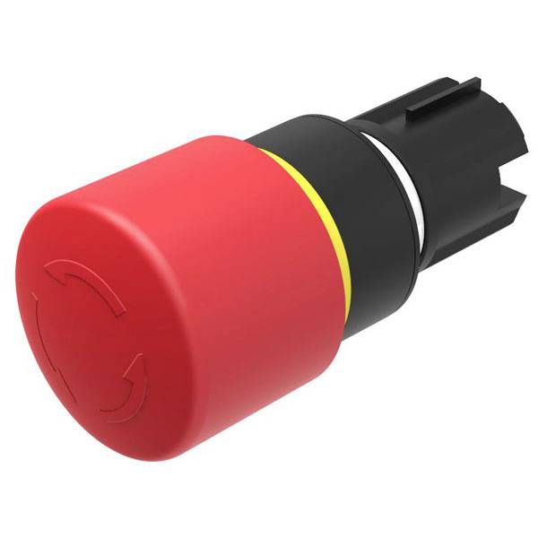 Roter Notfallstoppknopf aus einem Winkel gesehen, der seine zylindrische Form und Rotationspfeile auf der oberen Fläche zur Sicherheitsanzeige hervorhebt.