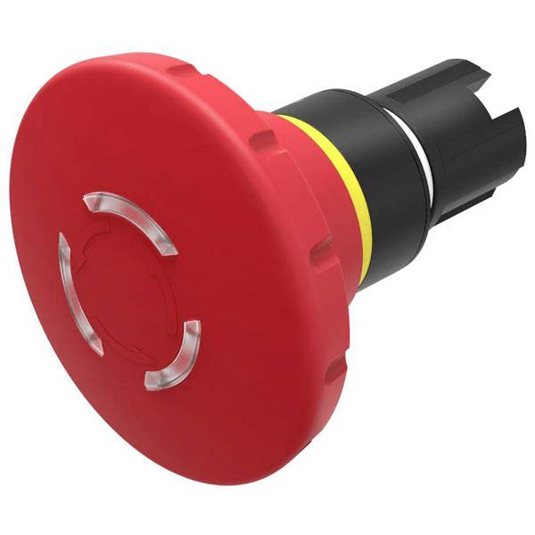 Ein großer roter Notausschalter mit einem gelben Ring an seiner Basis, der verwendet wird, um Maschinen oder Ausrüstungen im Notfall schnell zu stoppen.