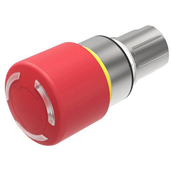 Ein zylindrischer Metalldruckknopf mit roter Kunststoffkappe, verwendet zum Nothalten von Maschinen.