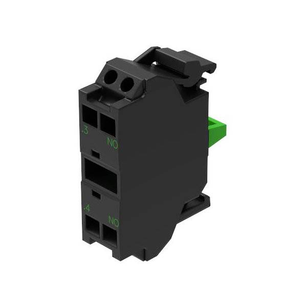 Eine schwarze und grüne Elektroschalter-Komponente mit mehreren Anschlusspunkten, gekennzeichnet mit „NO