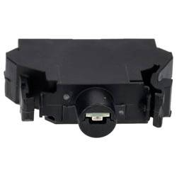 Ein kleines, schwarzes elektronisches Bauteil mit mehreren Kanten und einem kreisförmigen Anschluss an der Vorderseite.