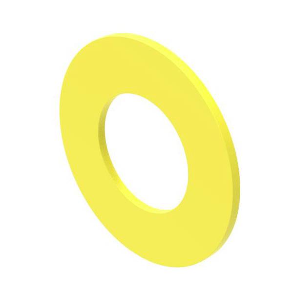 Eine glänzende, gelbe, kreisförmige Scheibe mit einem Loch in der Mitte, ähnlich einem flachen Ring, vor einem schlichten weißen Hintergrund.