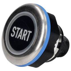 Ein metallischer Druckknopf mit blauem Rand und dem Wort „START