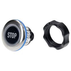 Ein runder Druckknopf mit der Bezeichnung „STOP