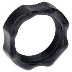 Eine schwarze, sechskantige Kunststoffmutter mit Innengewinde, die zum Befestigen oder Sichern verwendet wird.