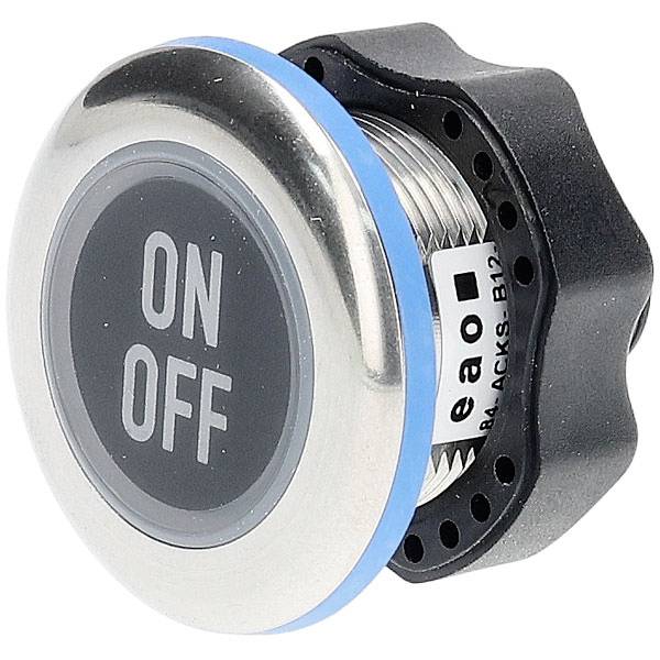 Ein runder metallischer Druckknopf mit 'ON' und 'OFF' auf seiner Oberfläche, verwendet zur Steuerung von elektrischen Schaltkreisen oder Geräten.