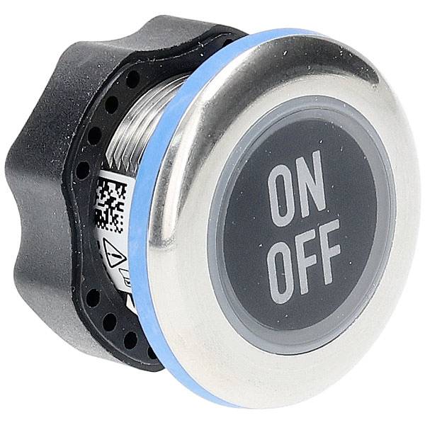 Ein runder metallischer Druckschalter mit schwarzer Mitte, auf dem die Aufschrift „ON OFF