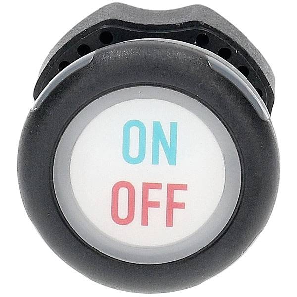 A close-up of a round, black button with the words 'ON' in blue and 'OFF' in red, indicating switch positions.