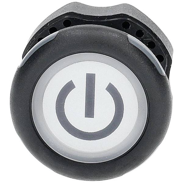 Ein Metalldruckknopf mit rotem Ring und dem Wort „START