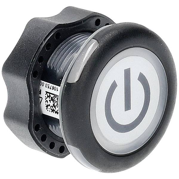Ein runder schwarzer Knopf mit einem Stromsymbol oben, umgeben von einer gekrümmten Gummikante, entwickelt für Haltbarkeit und Kontrolle.