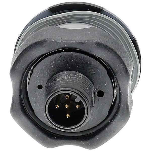 Ein runder, schwarzer Elektrostecker mit mehreren Metallkontakten, der zur Herstellung einer sicheren Verbindung zwischen elektronischen Geräten verwendet wird.