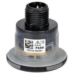 Ein zylindrischer schwarzer Sensor mit einem QR-Code, einem Warnsymbol und einer Seriennummer „106754.000061