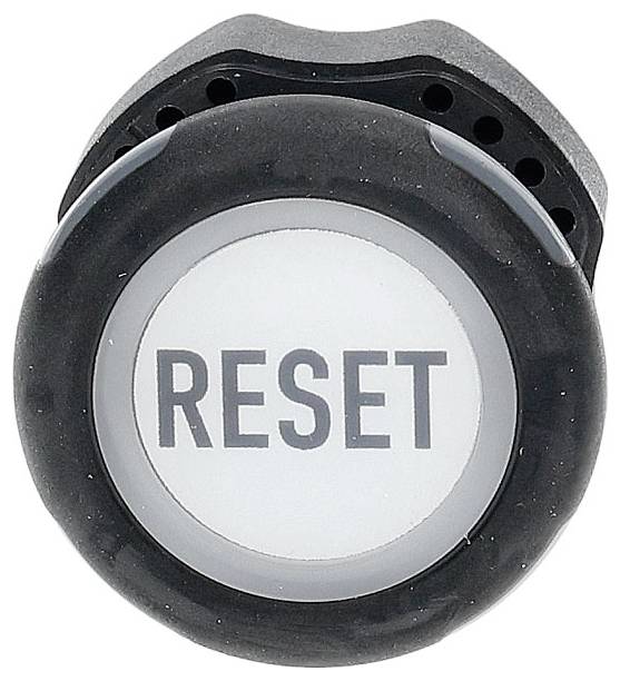 Eine Nahaufnahme eines kreisrunden schwarzen Knopfes mit dem Wort „RESET