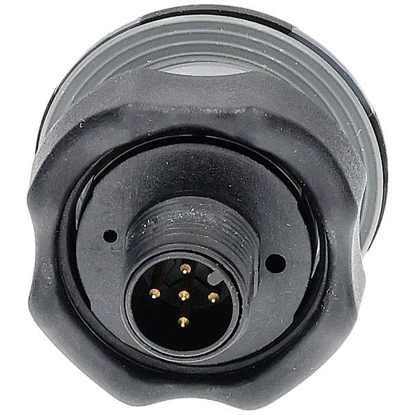 Ein schwarzer, runder elektrischer Stecker mit sieben Metallstiften ist dargestellt. Er ist für die sichere Verbindung von elektronischen Geräten und Ausrüstungen ausgelegt.