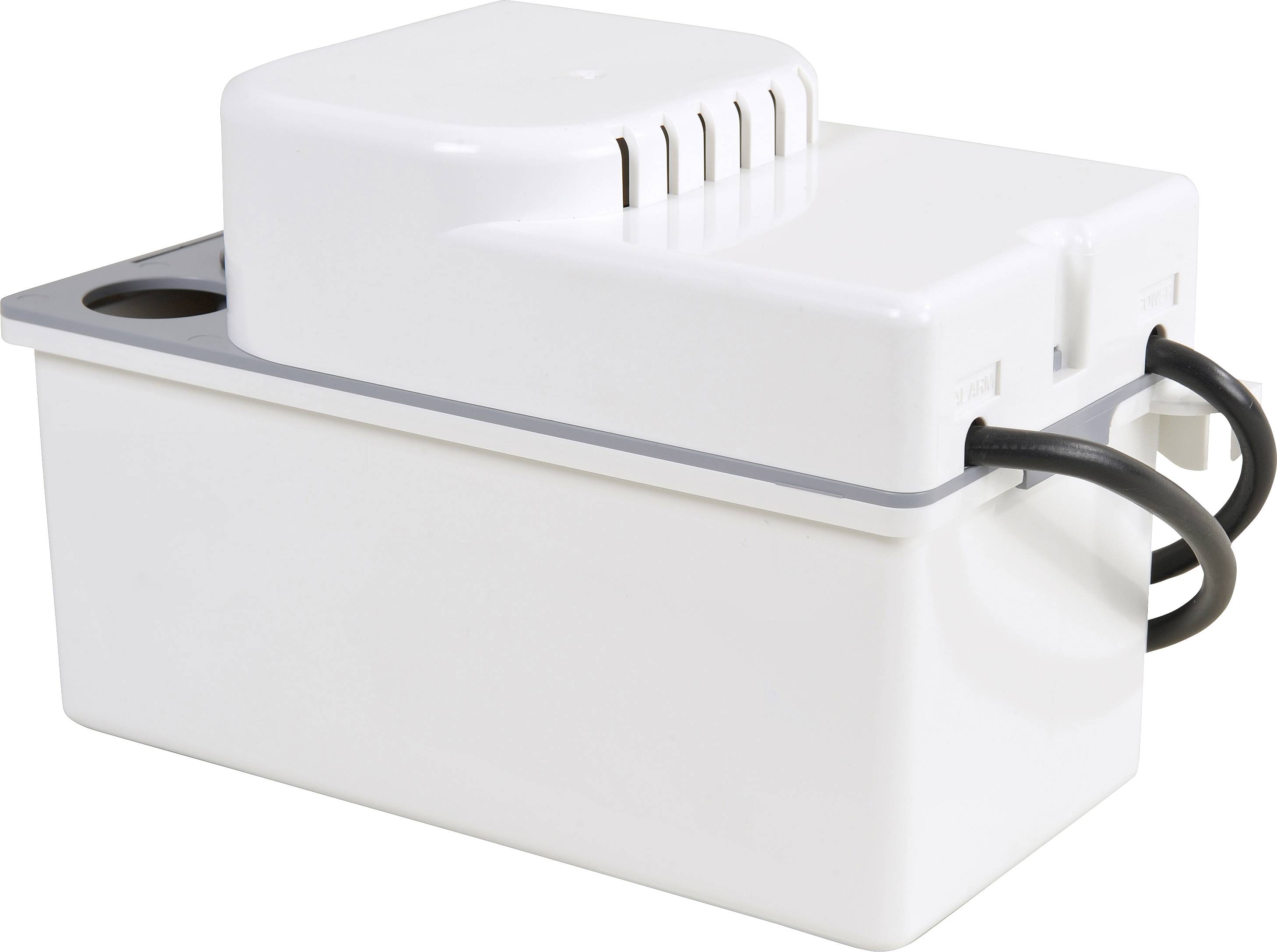 Weiße Kondensatpumpe mit schwarzen angebrachten Kabeln. Konstruiert für Luftströmungssysteme, um überschüssige Kondensation effizient zu entfernen.