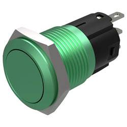 Eine grüne Drucktaste mit kreisförmigem Design und metallischem silbernem Rand.