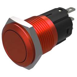 Roter Druckschalter in Metallgehäuse, zeigt Seitenansicht und Anschlüsse, wird zum Aktivieren elektronischer Geräte oder Schaltkreise verwendet.