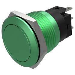 Ein rundes grünes Druckknopfschalter mit Metallgewinde-Gehäuse, das zum Aktivieren oder Steuern von elektronischen Geräten verwendet wird.