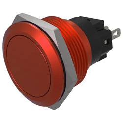 Roter Druckschalter mit metallischem Rand und drei hinteren Anschlüssen, häufig in elektronischen Schaltungen verwendet, um Verbindungen zu öffnen oder zu schließen.