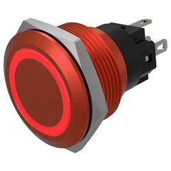 Ein rotes LED-Druckschalter mit kreisförmigem Design und Metallbasis, verwendet für elektronische Anwendungen und Schalttafeln.