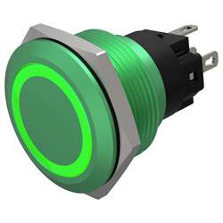 Ein runder schwarzer Druckknopfschalter mit einem leuchtenden blauen LED-Ring, mit Metallverbindern zum Verdrahten auf der Rückseite.
