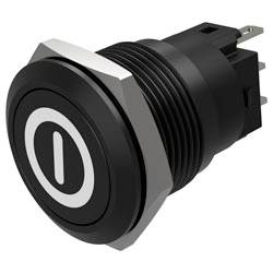 Ein runder schwarzer Netzschalter mit einem weißen Symbol, das konzentrische Kreise um eine vertikale Linie zeigt, entworfen für elektronische Geräte.