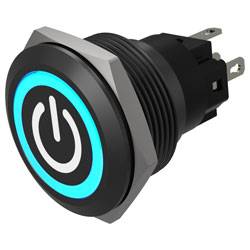 Nahaufnahme eines schwarzen Netzschalters mit blauem LED-Ring, der ein Stromsymbol in Weiß zeigt, montiert auf einer zylindrischen Basis mit Anschlüssen.