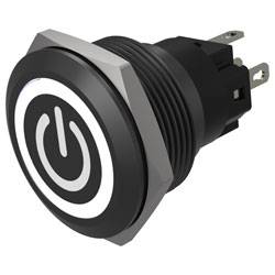 Ein runder schwarzer Stromschalter mit einem leuchtenden weißen Stromsymbol, geeignet für elektronische Geräte, verfügt über ein Gewinde-Befestigungsdesign.