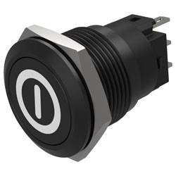 Ein schwarzer elektrischer Druckschalter mit einem Stromsymbol auf seiner Oberfläche. Der Schalter ist zylindrisch mit Metallstiften auf der Rückseite.