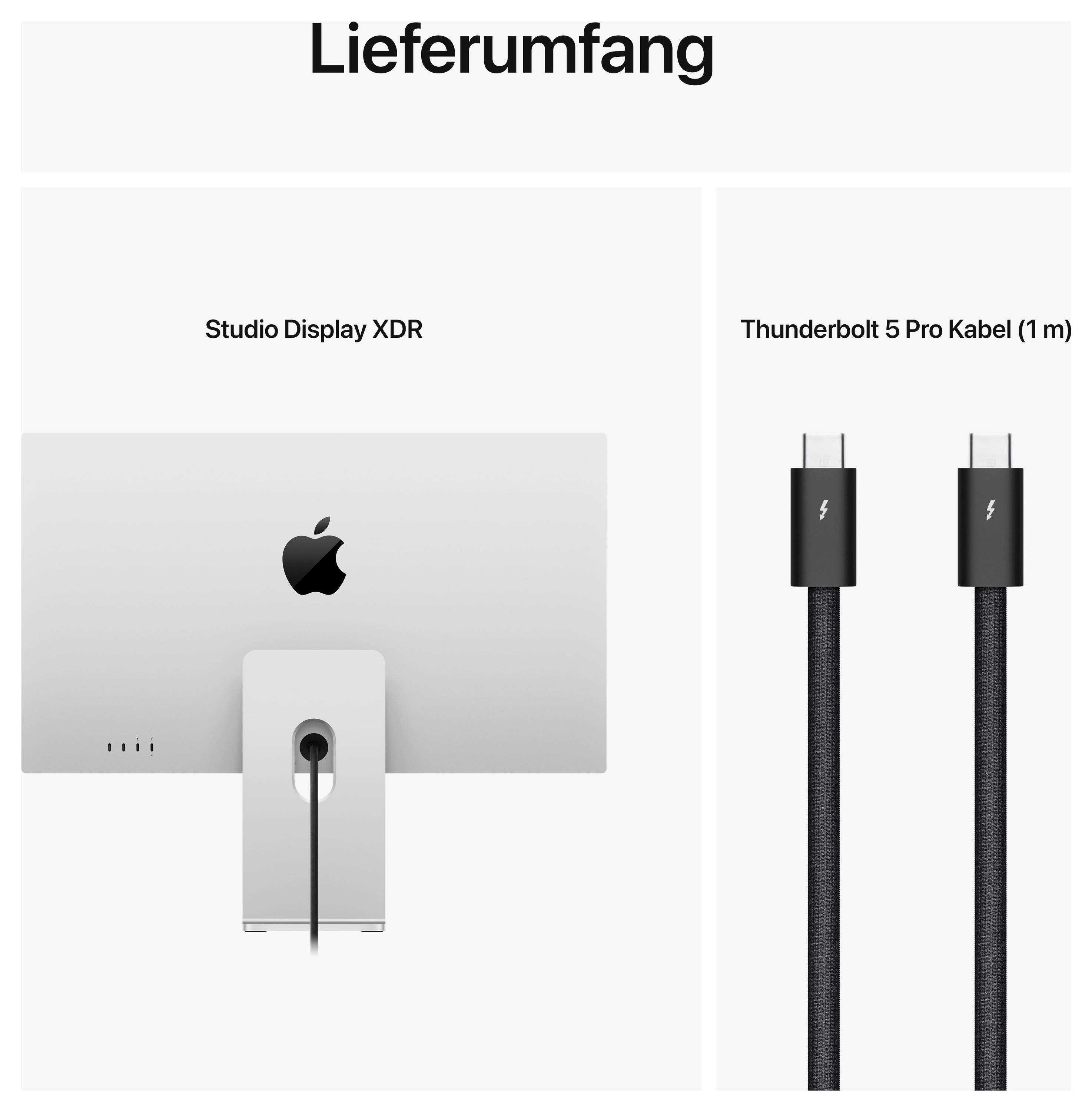 'Lieferumfang': Monitor 'Studio Display XDR' und 'Thunderbolt 5 Pro Kabel (1 m)' abgebildet; sichtbare Rückseite des Monitors.