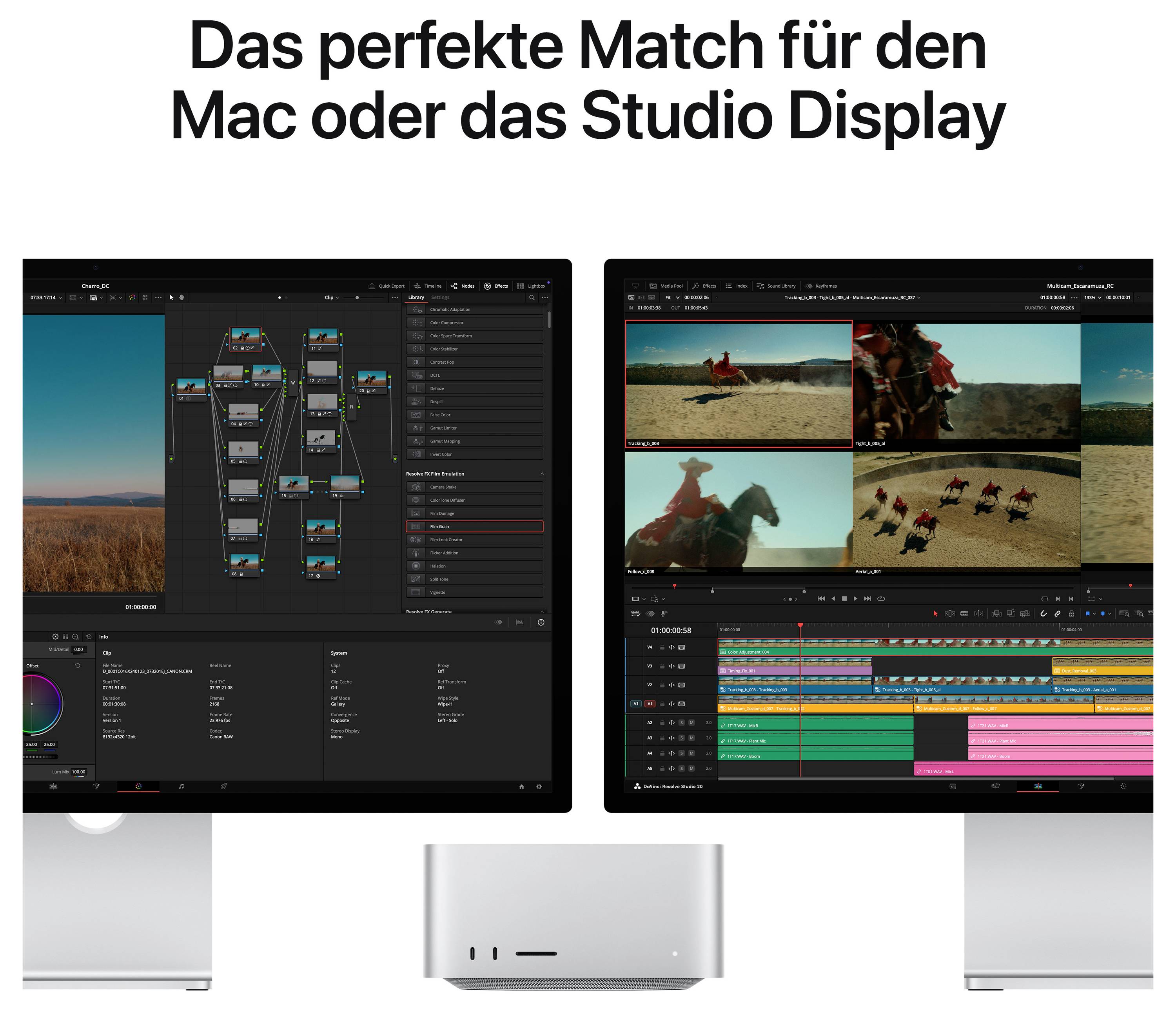 Zwei Monitore mit Videobearbeitungssoftware. Der linke Monitor zeigt Farbkorrektur-Tools, der rechte eine Videovorschau und Bearbeitungszeitleiste.
