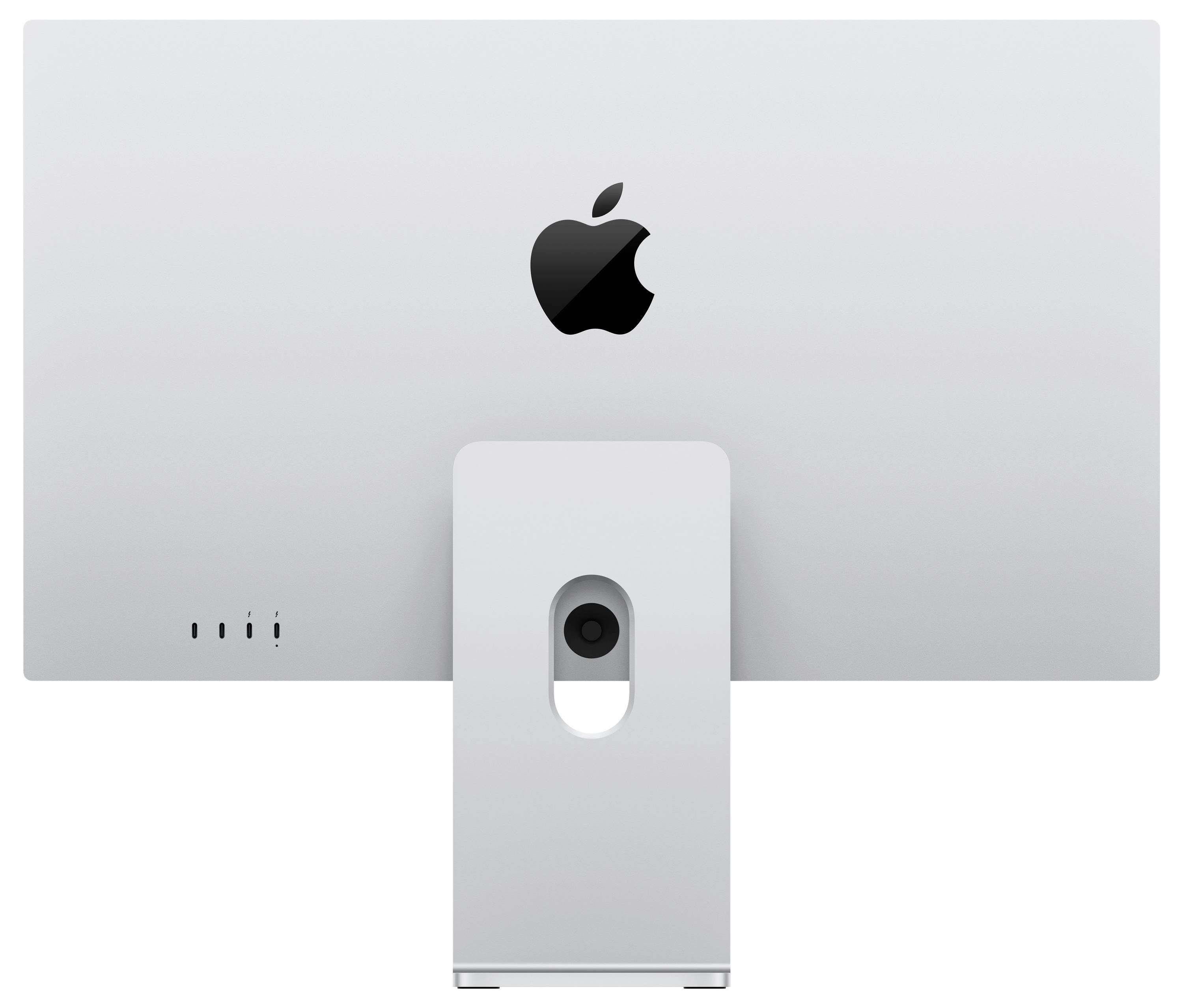 Ein silberner Computermonitor von hinten betrachtet, mit einem Apple-Logo in der Mitte angezeigt. Der Ständer ist unten sichtbar.