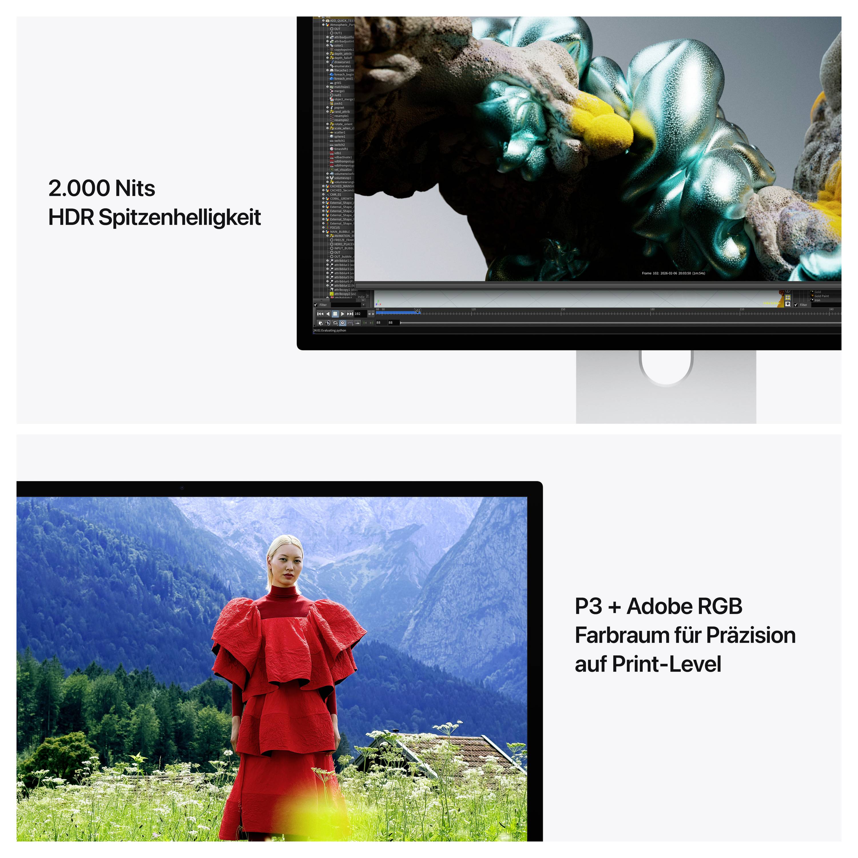 Monitor mit hoher Helligkeit und Farbgenauigkeit: 2.000 Nits HDR Spitzenhelligkeit, P3 + Adobe RGB Farbraum, geeignet zum Drucken. Bildschirm zeigt Design und Modell in roter Kleidung.