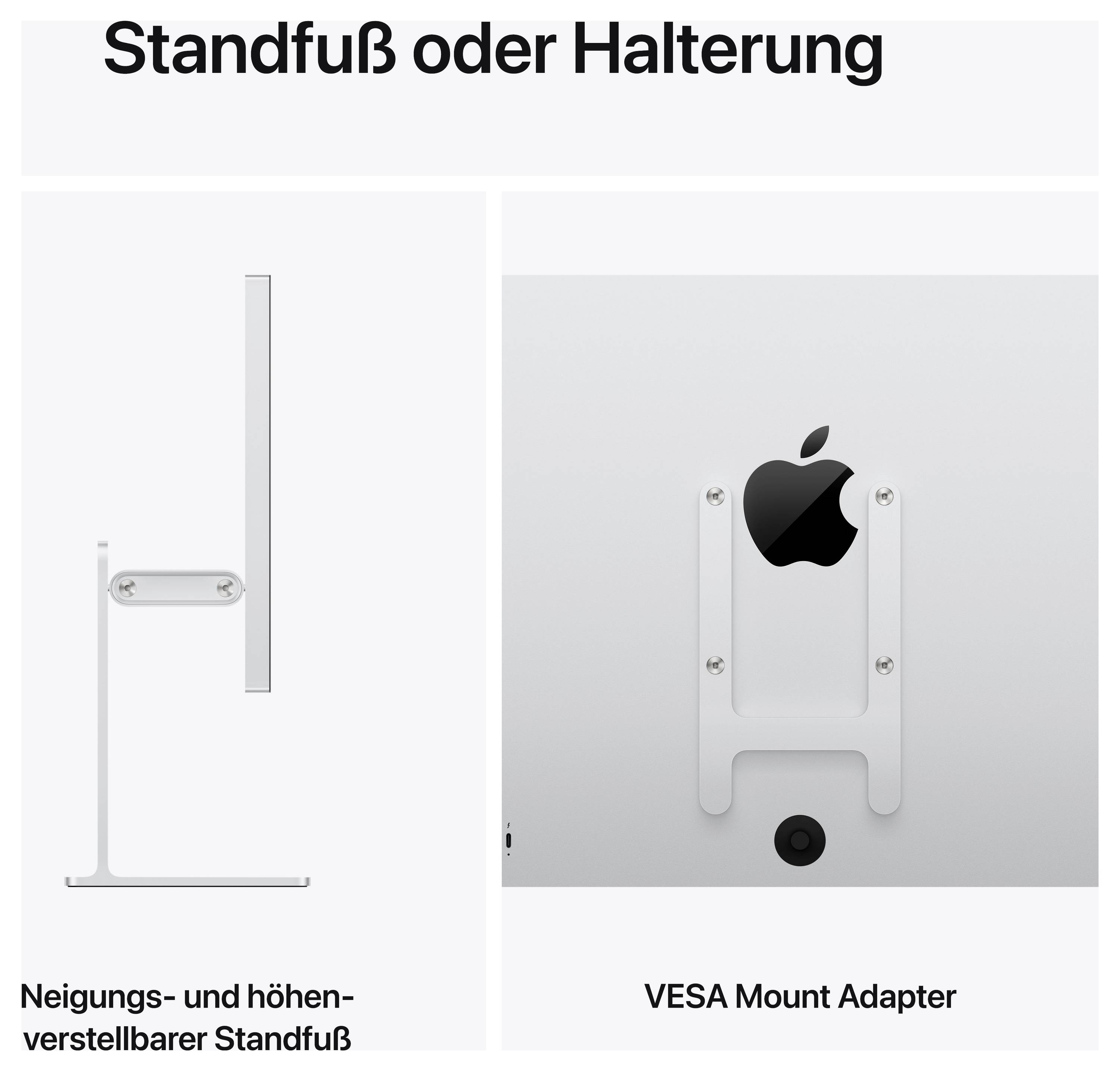 'Standfuß oder Halterung' zeigt links einen neig- und höhenverstellbaren Standfuß, rechts einen VESA-Mount-Adapter mit Apfel-Logo.