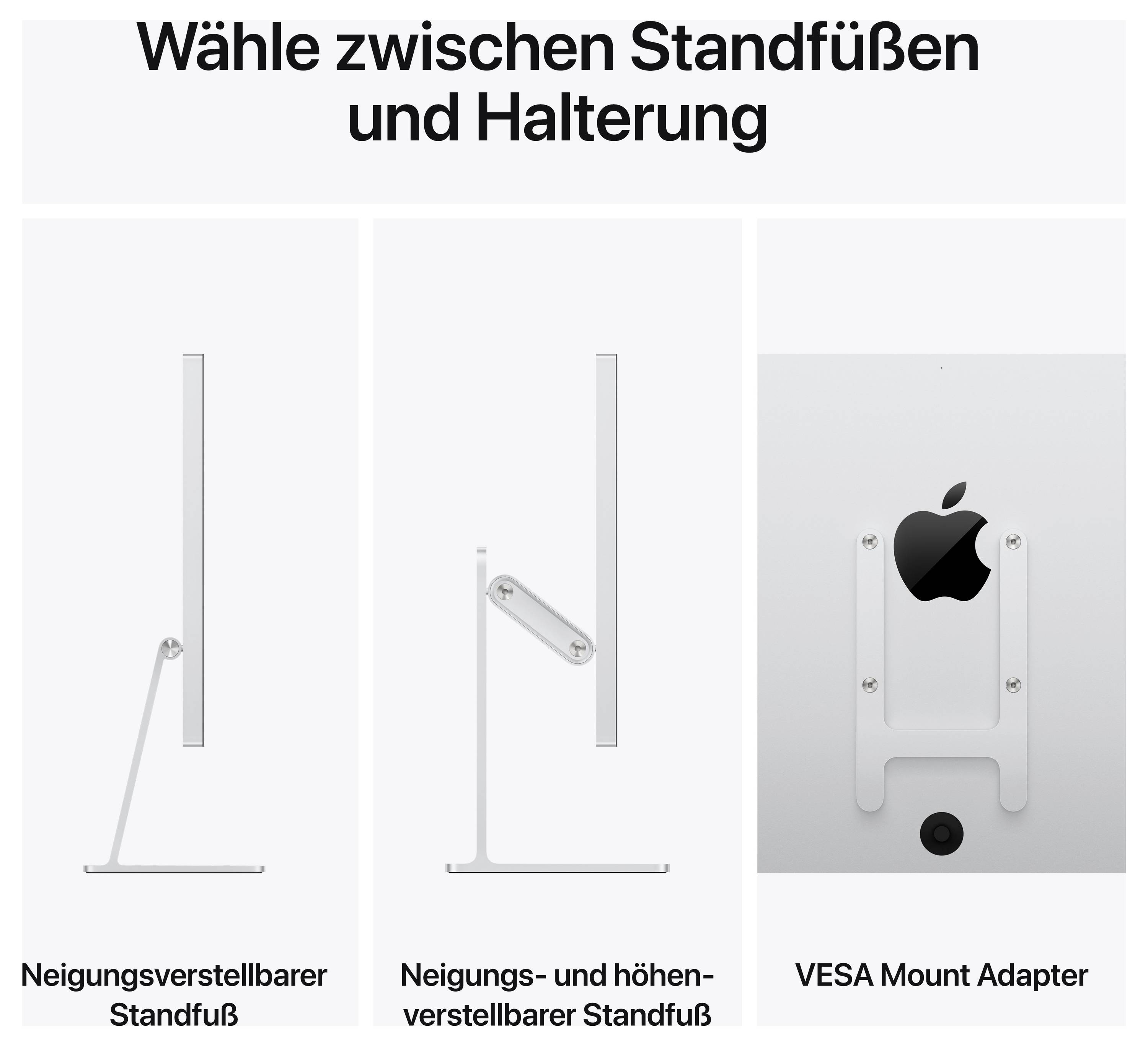 Drei Optionen zur Auswahl: Neigungsverstellbarer Standfuß, Neigungs- und höhenverstellbarer Standfuß, VESA Mount Adapter.
