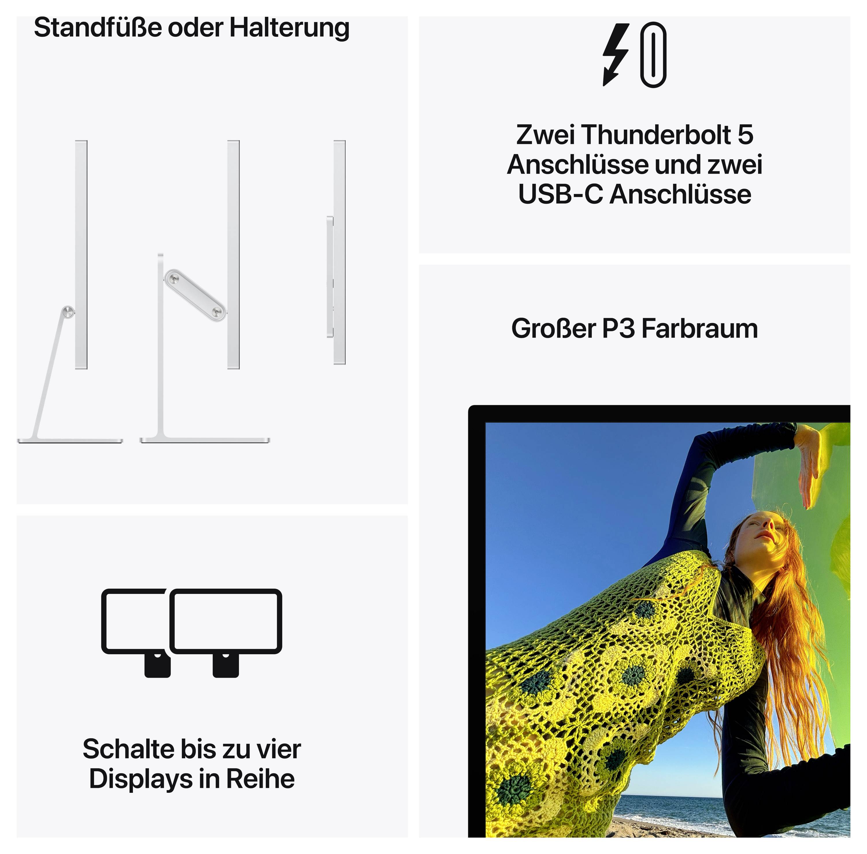 Monitor mit Standfüßen oder Halterung erhältlich. Zwei Thunderbolt 5 und zwei USB-C Anschlüsse. Großer P3 Farbraum. Bis zu vier Displays in Reihe schalten.