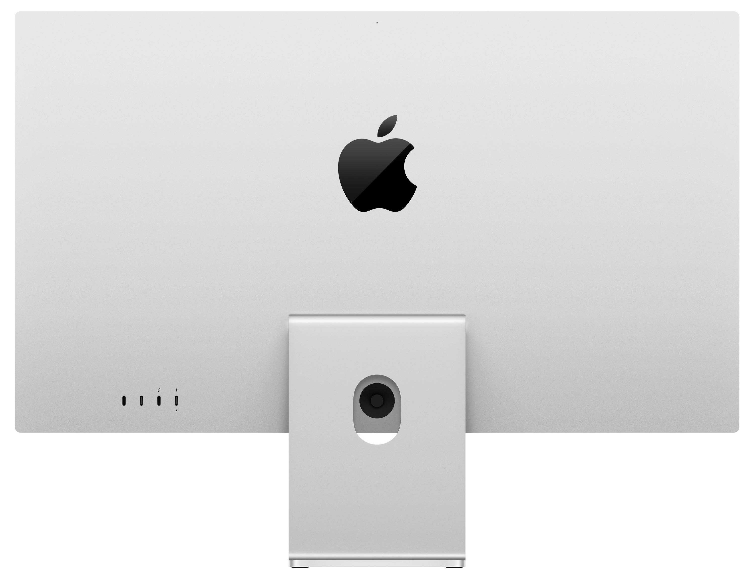 Rückansicht eines Apple iMac, die das Apple-Logo und Konnektivitätsanschlüsse auf einem silbernen Ständer zeigt.