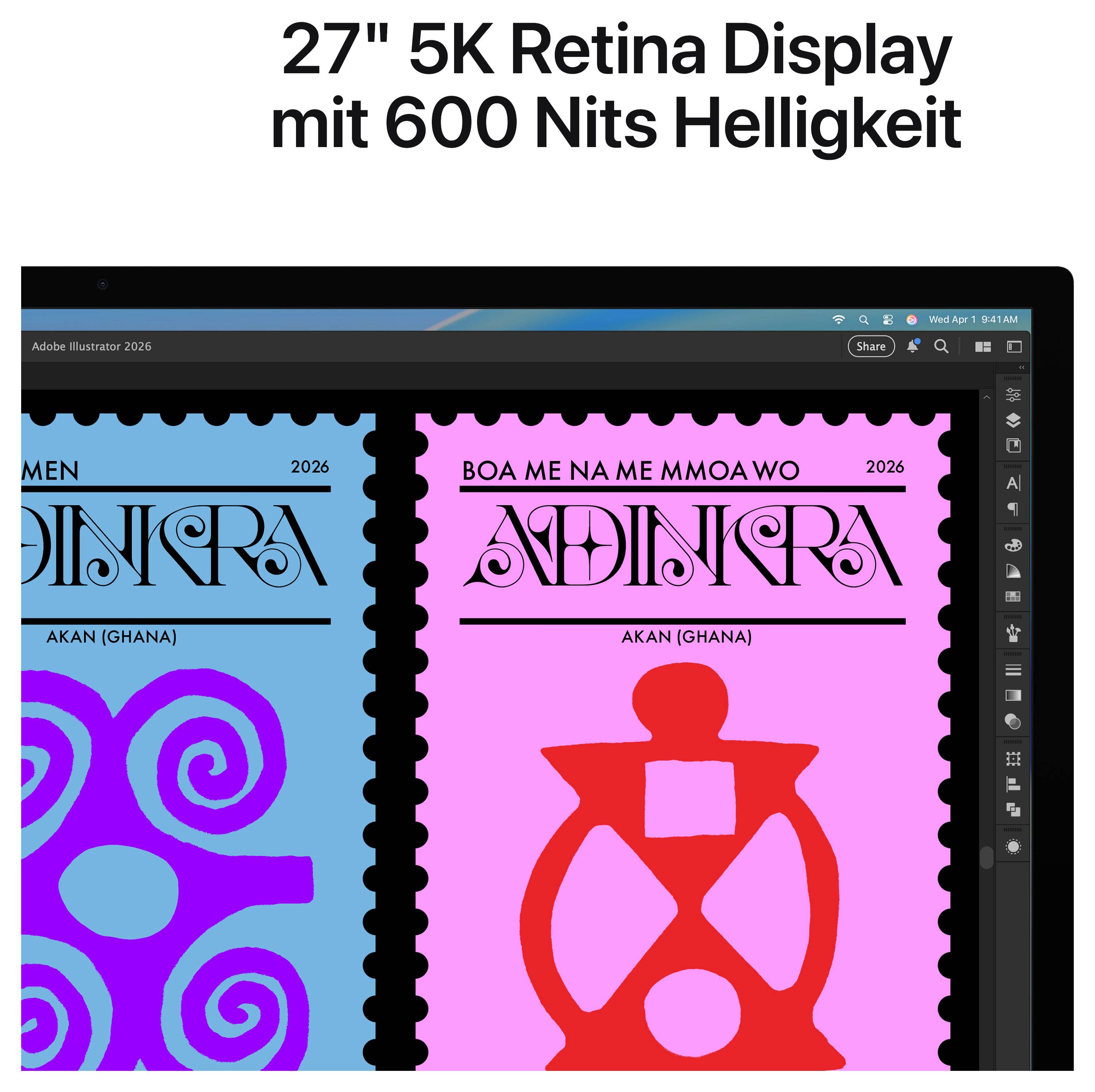 27-Zoll 5K Retina-Display mit 600 Nits Helligkeit zeigt Adobe Illustrator-Fenster mit zwei Akan-Mustern auf blauem und pinkem Hintergrund.