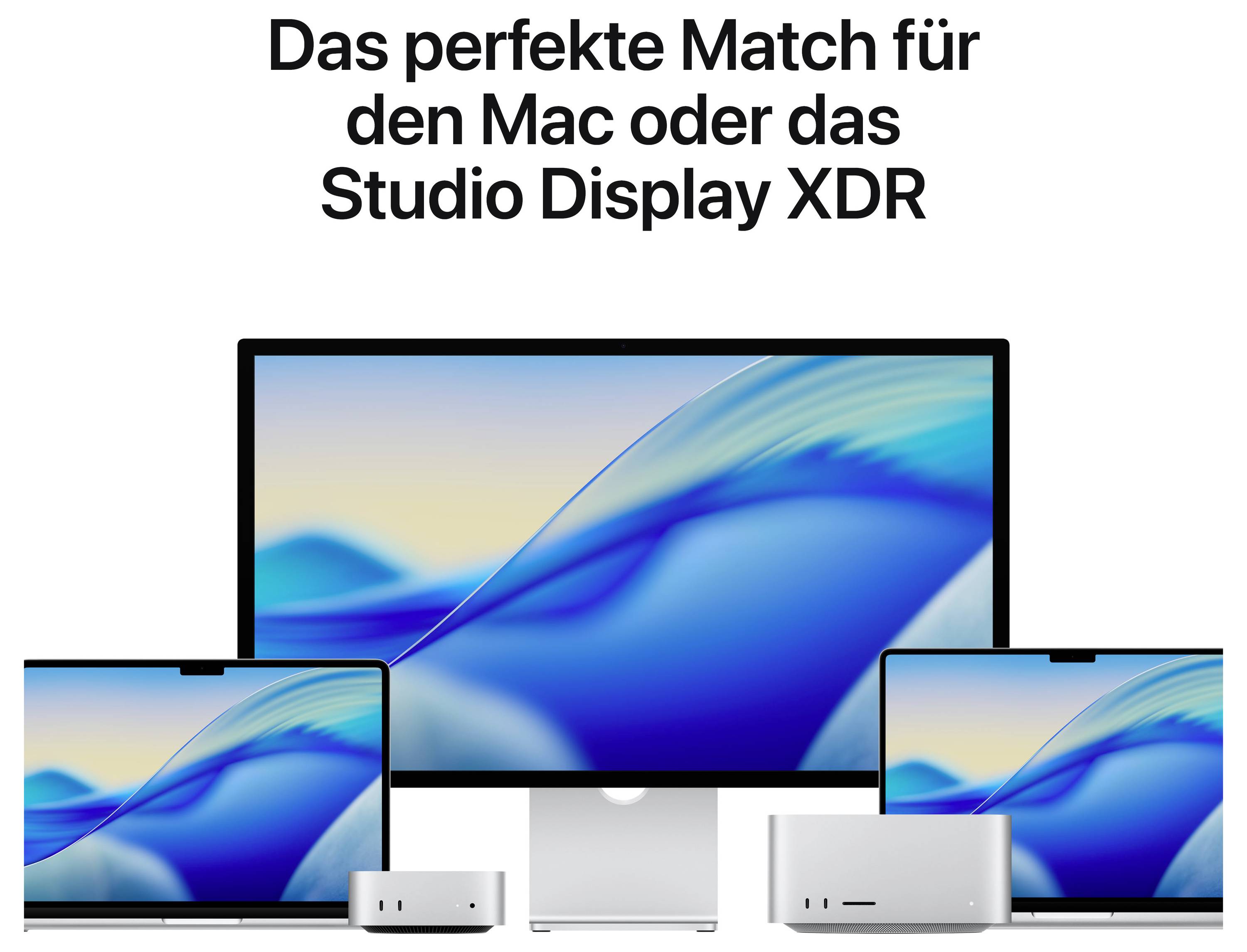 'Das perfekte Match für den Mac oder das Studio Display XDR' zeigt drei Apple-Geräte: zwei Laptops und ein Monitor mit identischem Hintergrundbild.