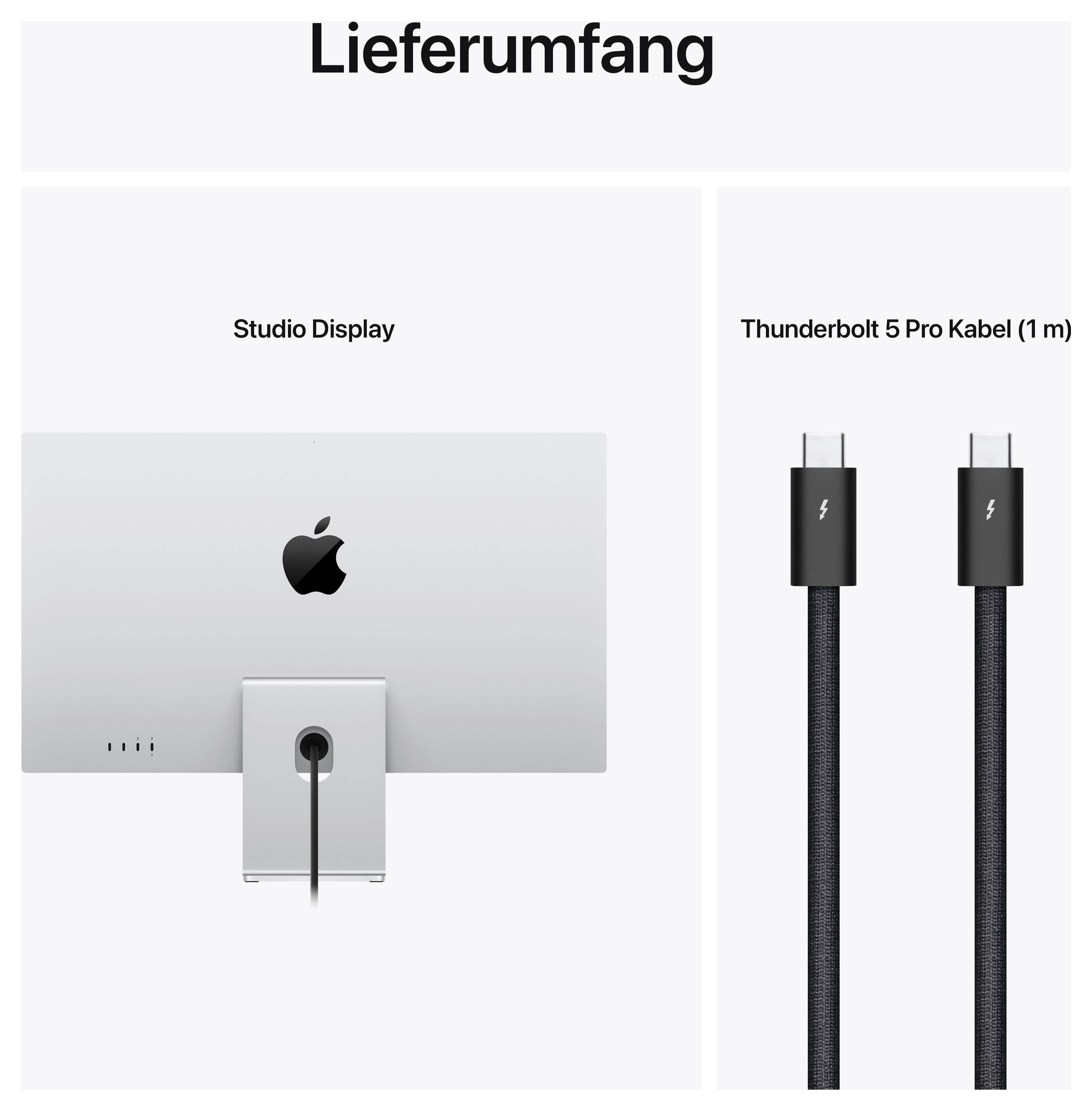 'Lieferumfang': Abbildung eines Studio Displays und eines 1 m Thunderbolt 5 Pro Kabels.