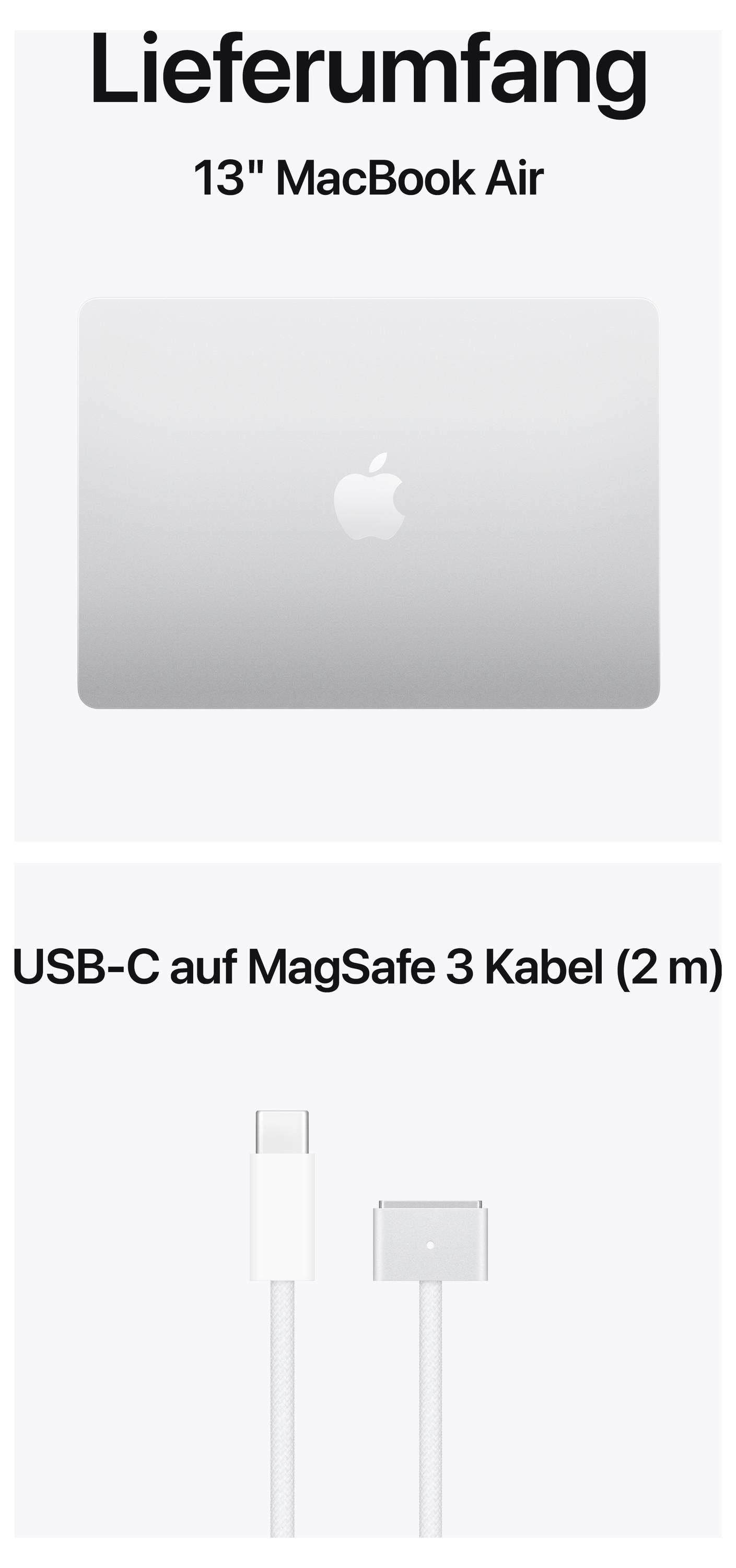 Das Bild zeigt den Lieferumfang eines 13-Zoll MacBook Air, bestehend aus dem Gerät und einem 2 m langen USB-C auf MagSafe 3 Kabel.