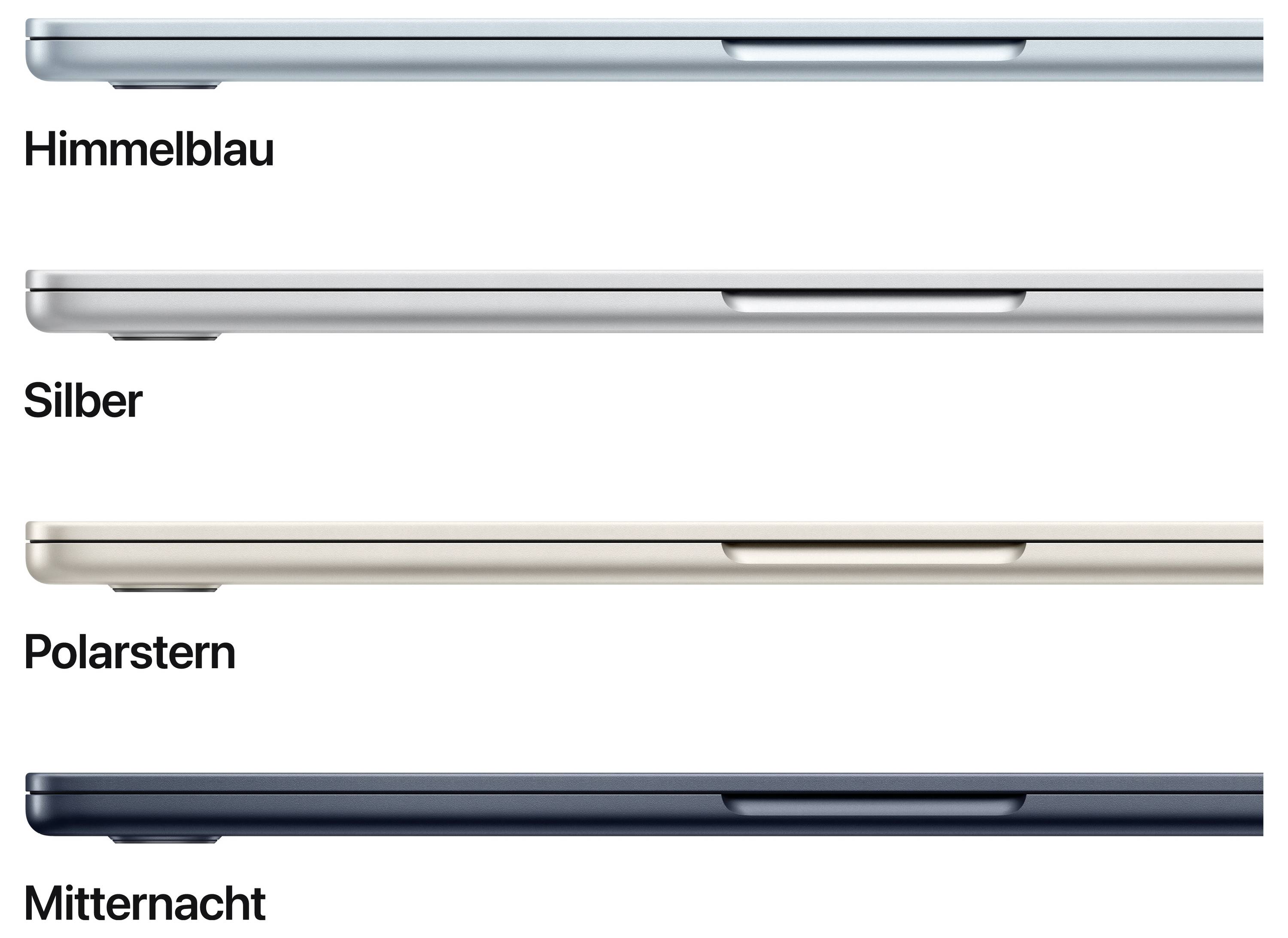 Vier Laptops in den Farben Himmelblau, Silber, Polarstern und Mitternacht, seitlich nebeneinander dargestellt.