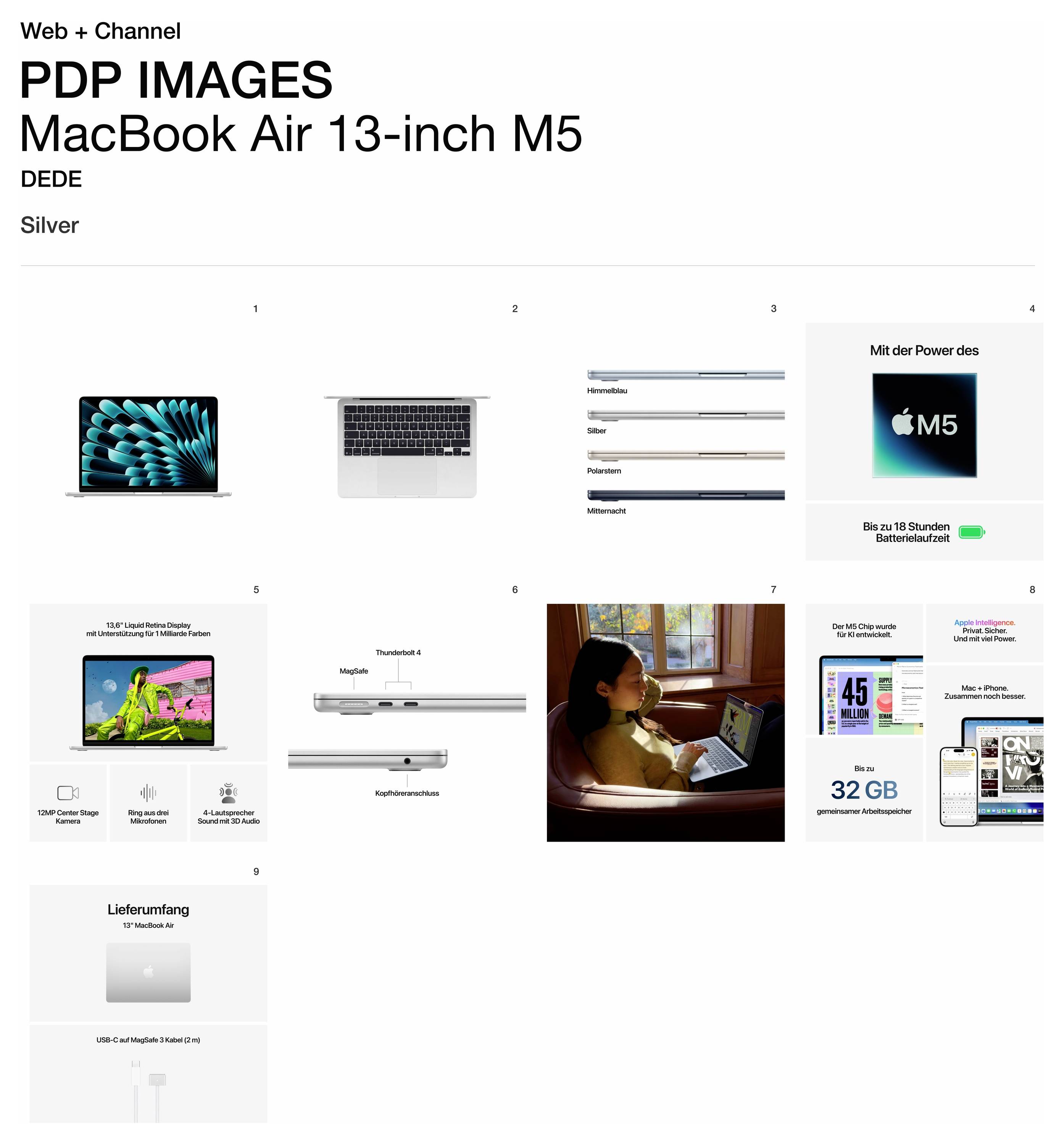 'PDP BILDER: MacBook Air 13-Zoll M5, Silber.' Das Bild zeigt ein silbernes MacBook Air, technische Spezifikationen, Akkulaufzeit-Informationen und einen Benutzer, der mit dem Gerät interagiert.