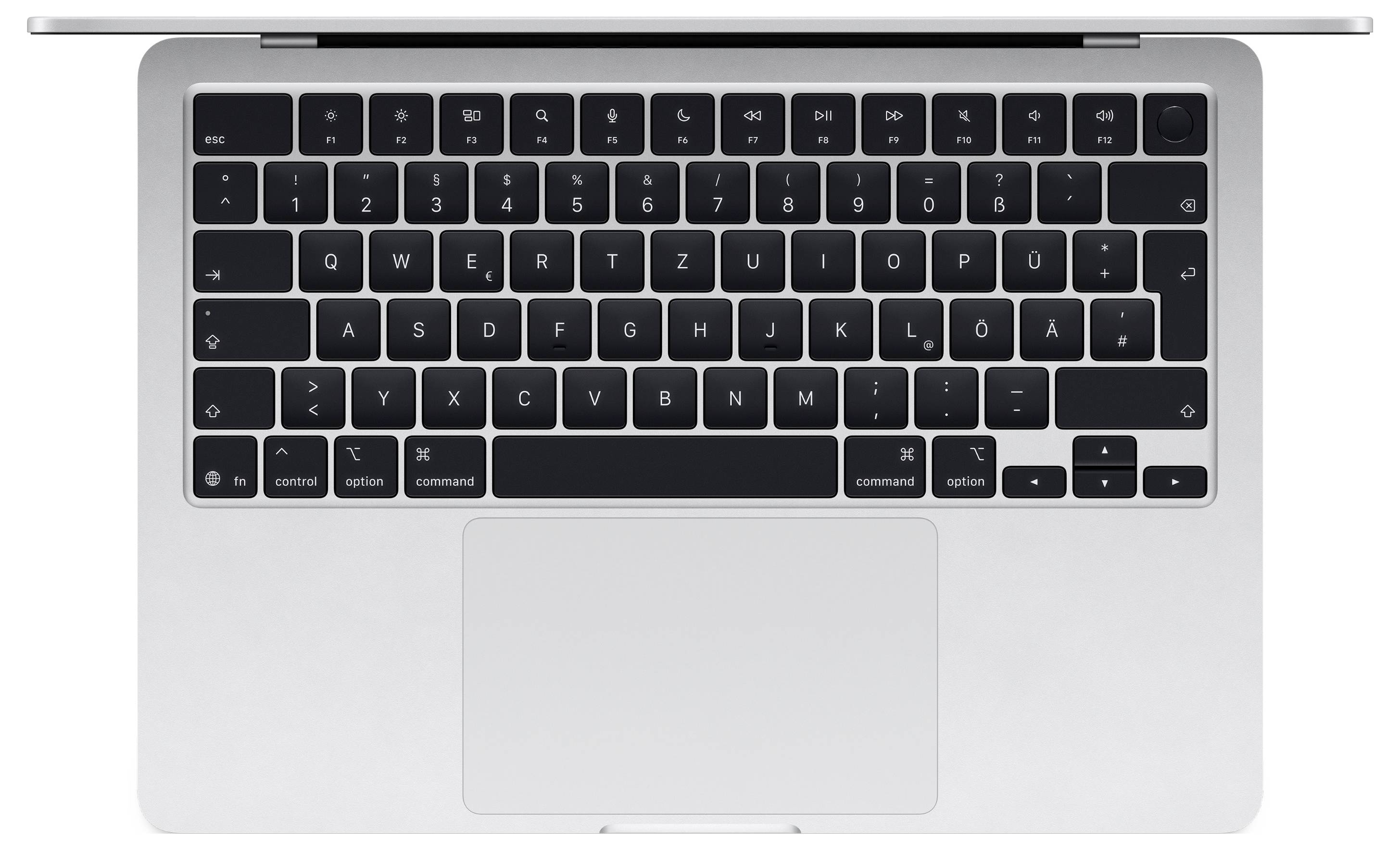 Draufsicht auf einen geöffneten Laptop mit kompaktem QWERTZ-Tastaturlayout mit schwarzen Tasten auf silbernem Untergrund und einem Touchpad darunter.
