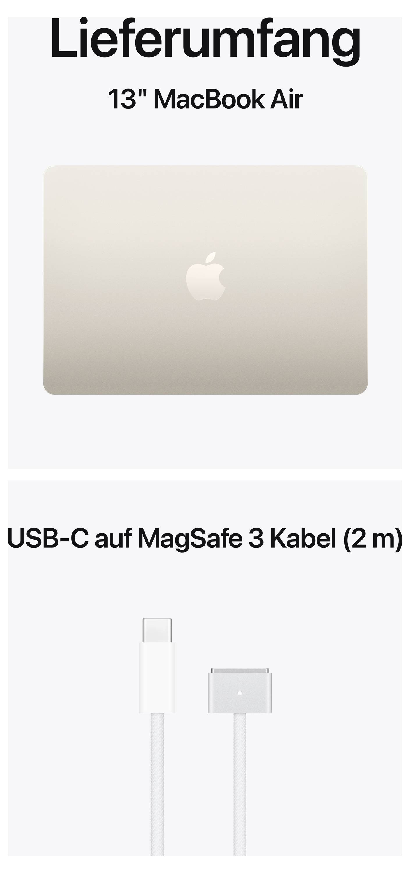 MacBook Air 13 Zoll mit geliefertem USB-C auf MagSafe 3 Kabel (2 m). Hauptmotiv ist der aufgeklappte MacBook Air Laptop.