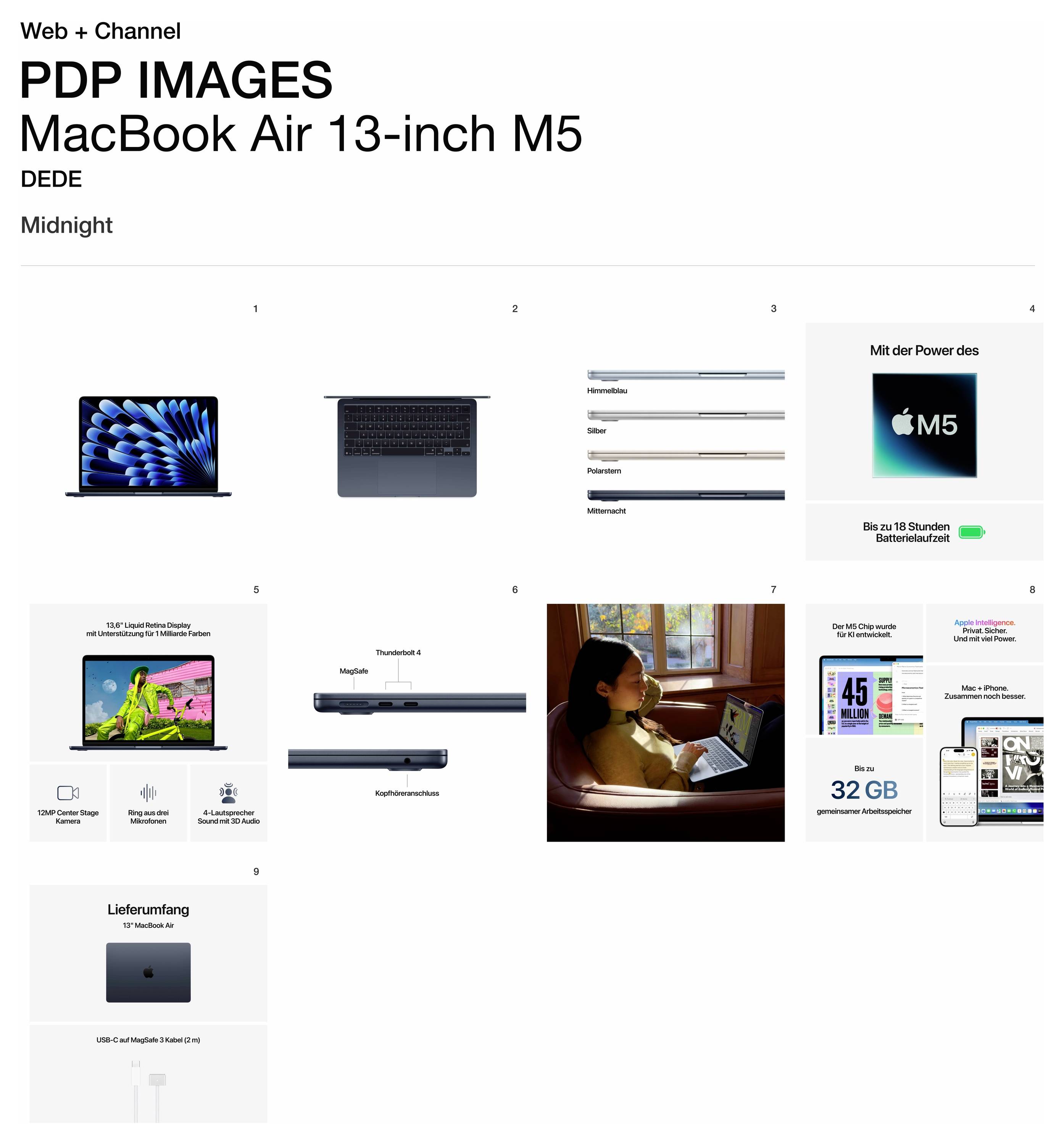 Das Bild zeigt verschiedene Werbe-Grafiken für das MacBook Air 13 Zoll M5 mit seinem Design, den Spezifikationen, der Leistung und der Akkulaufzeit.