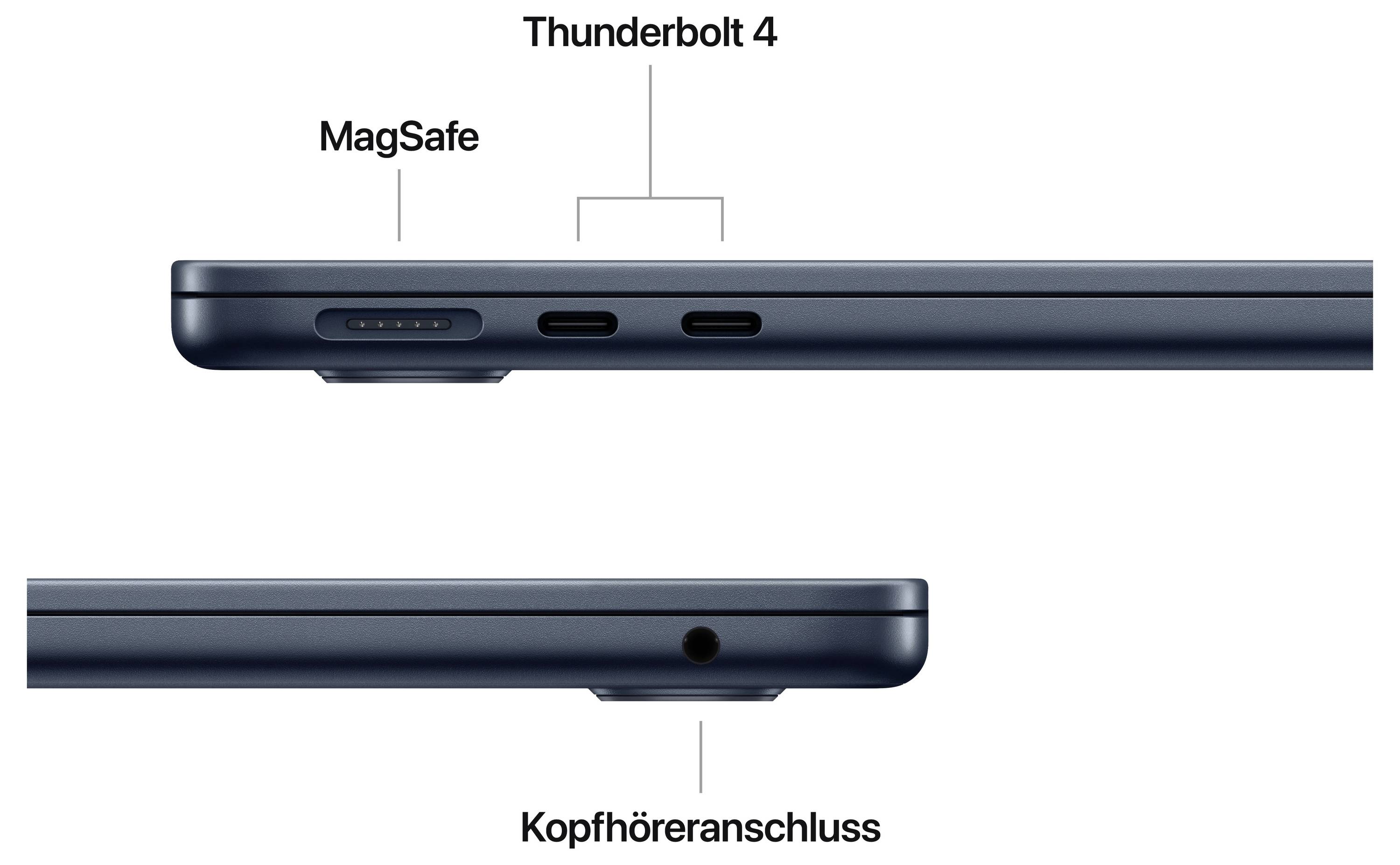 Das Bild zeigt die Seitenansichten eines Laptops mit Anschlüssen: oben Thunderbolt 4 und MagSafe, unten Kopfhöreranschluss.