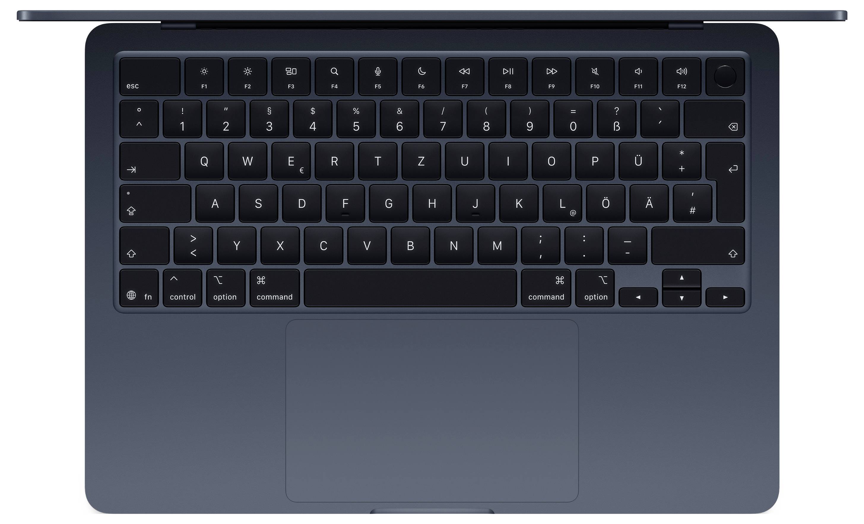 Eine Draufsicht auf eine Laptop-Tastatur mit hervorgehobenem QWERTZ-Layout. Die Tasten umfassen Zahlen, Buchstaben, Pfeiltasten und ein Trackpad darunter.